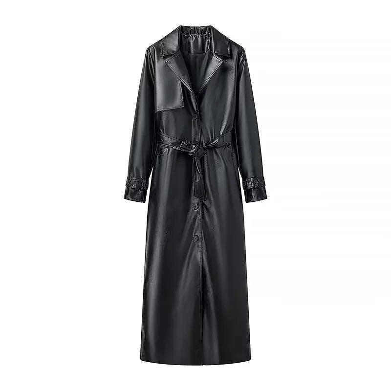 Women's longer tailored faux leather coat with shawl collar and tie belt Mune Fashion