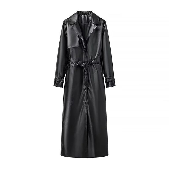 Women's longer tailored faux leather coat with shawl collar and tie belt Mune Fashion