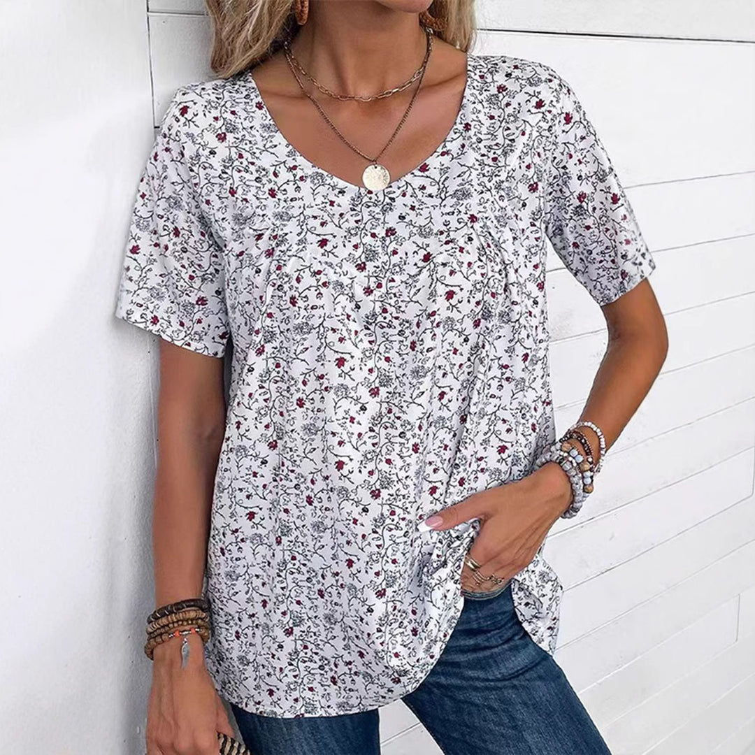 Ladies nan locker cut short sleeve blouse with V-neck, fine floral print and pleat Mune Fashion