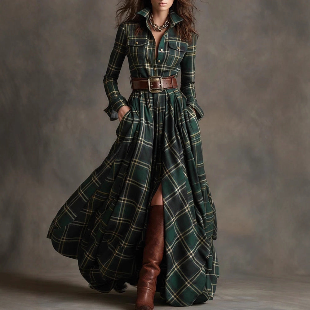 Women checked maxi dress shirt dress with flared skirt and wide waistband Mune Fashion