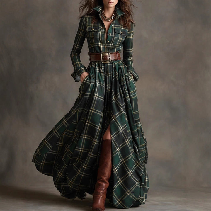 Women checked maxi dress shirt dress with flared skirt and wide waistband Mune Fashion