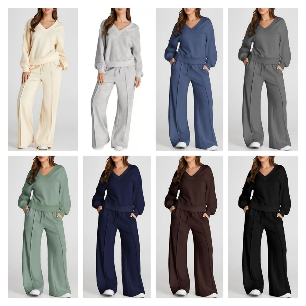 Women's Casual V-Neck Leisure Set with Wide Jogging Pants Mune Fashion