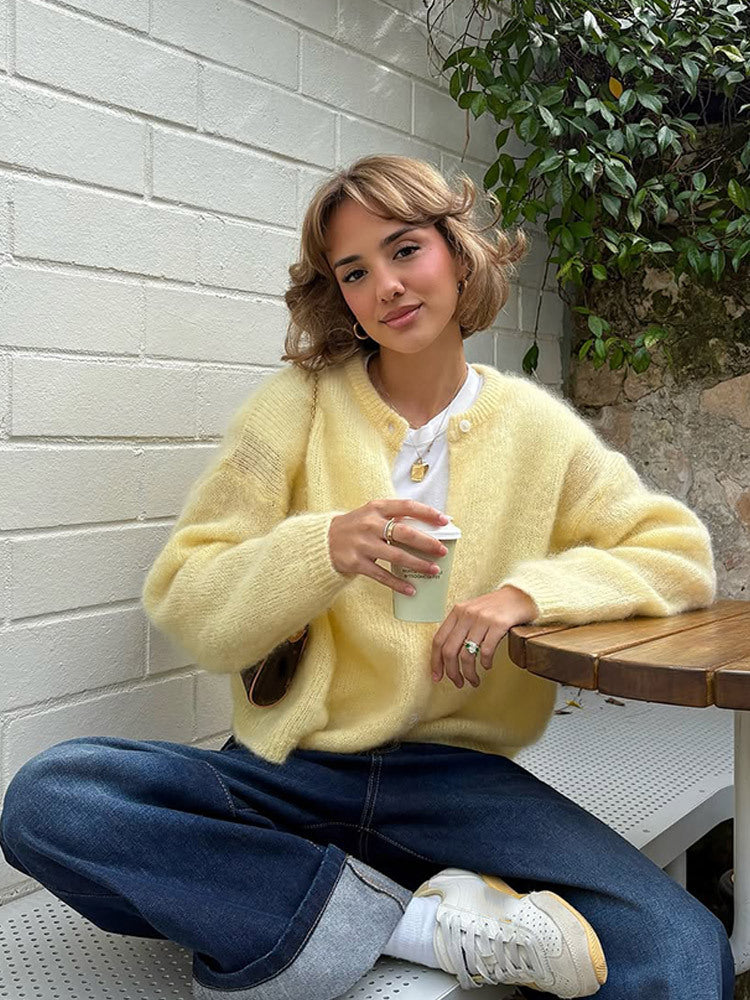 Women's Fluffy Short Jacket made of Mohair Mix with Round Neck and Boxy Silhouette Mune Fashion