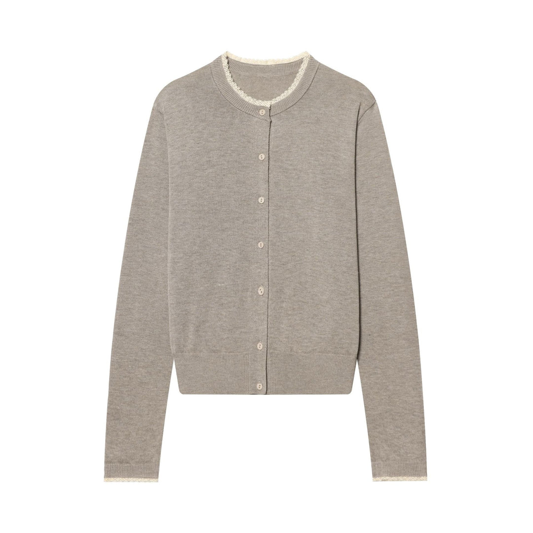 Women Fine Knit Cardigan with Round Neckline, Button Placket and Lace Trim Mune Fashion