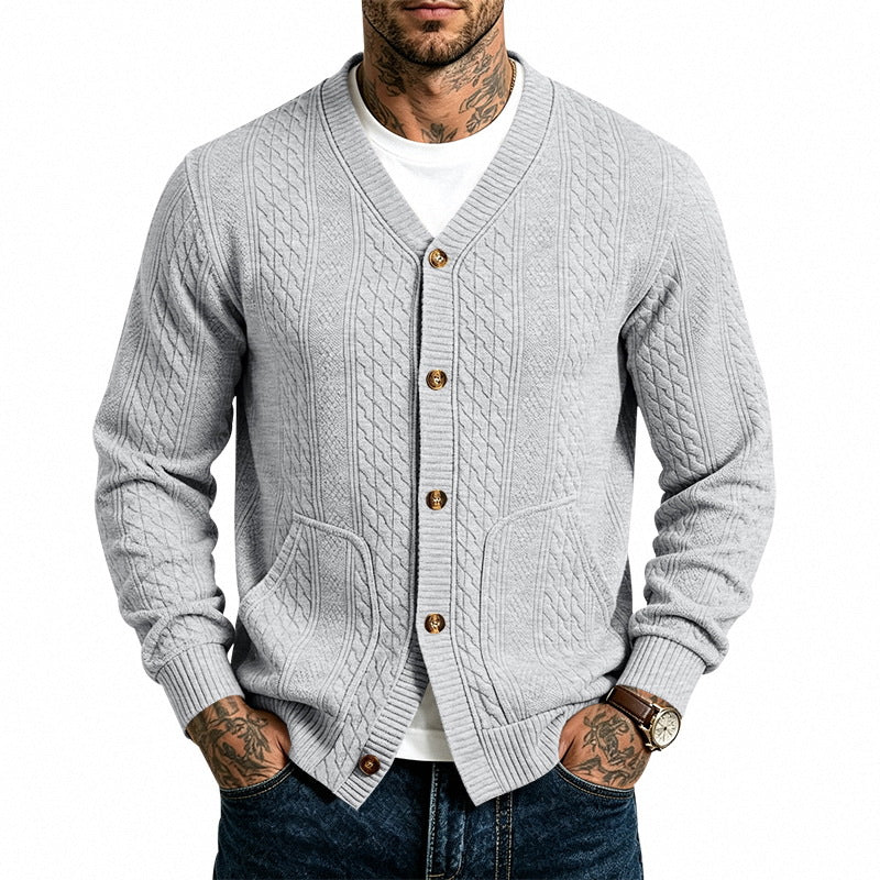 Men's Structured Knit Cardigan with V-Neck and Cable Pattern Mune Fashion