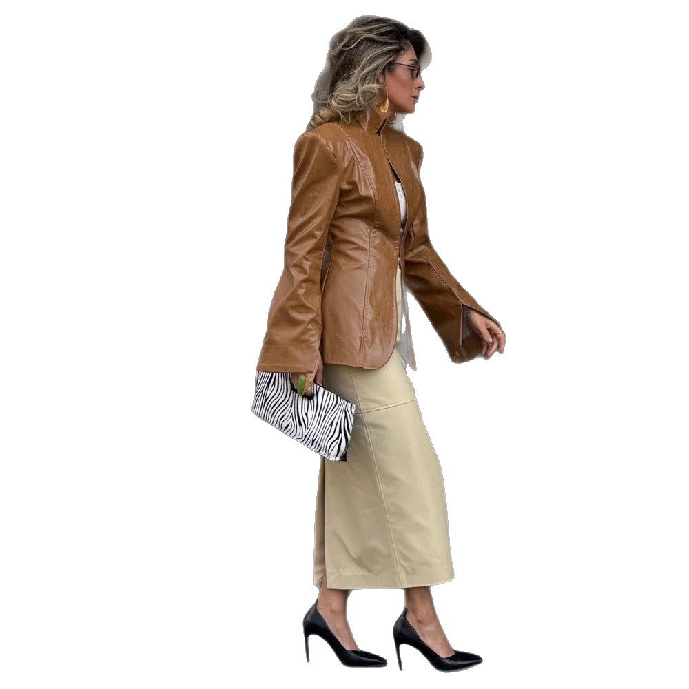 Women's fitted leather look blazer with stand collar & extended cuffs Mune Fashion