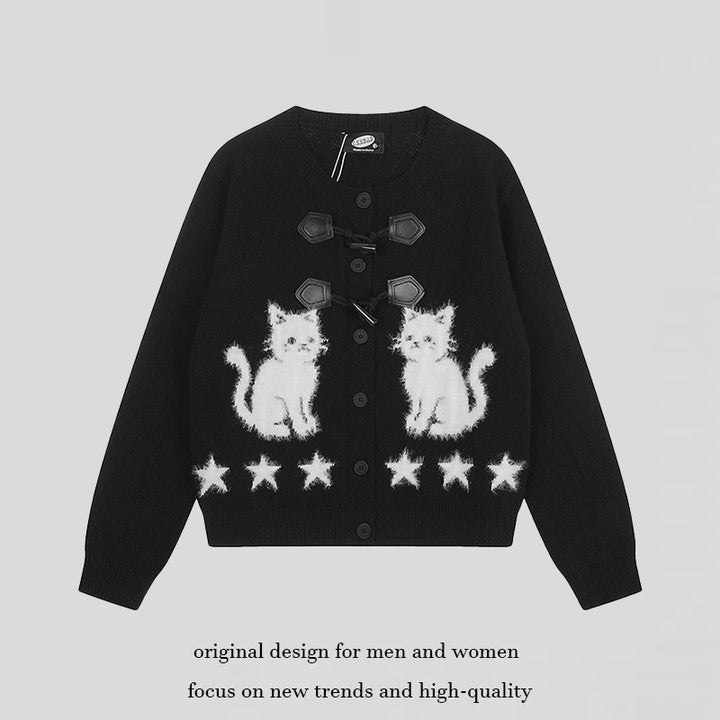 Women's cardigan with cat jacquard, decorative toggle closure and star trim Mune Fashion