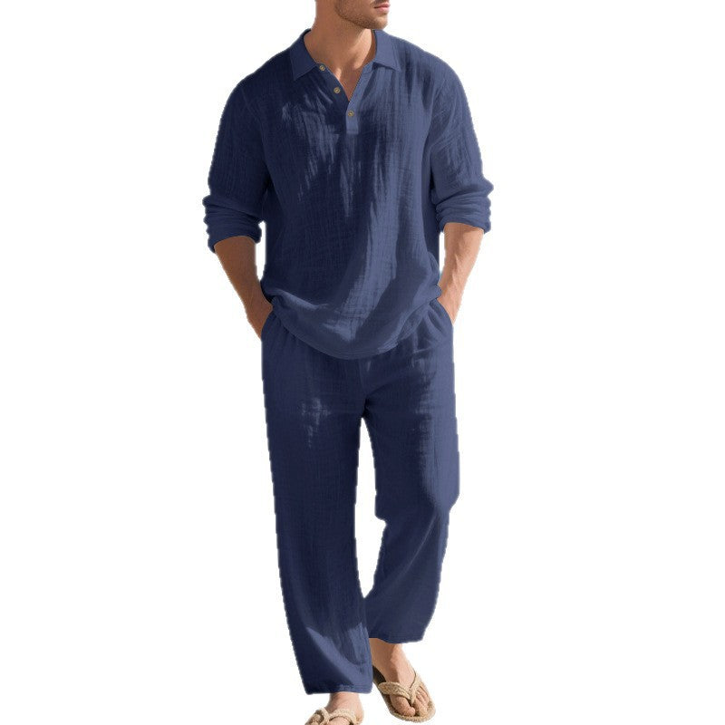 Men's lightweight linen ensemble with polo collar and elastic waistband pants Mune Fashion