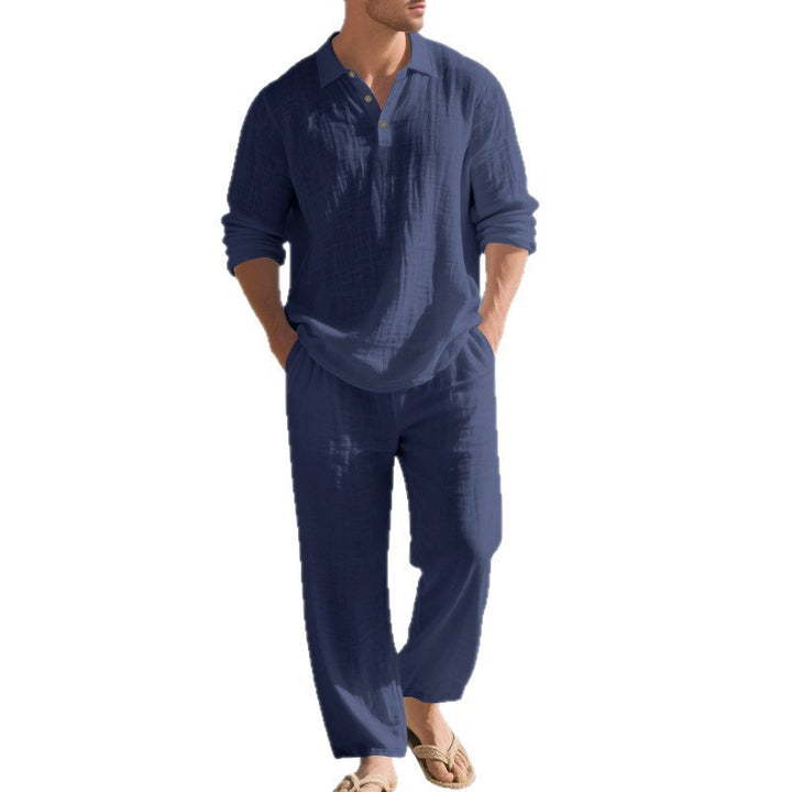 Men's lightweight linen ensemble with polo collar and elastic waistband pants Mune Fashion