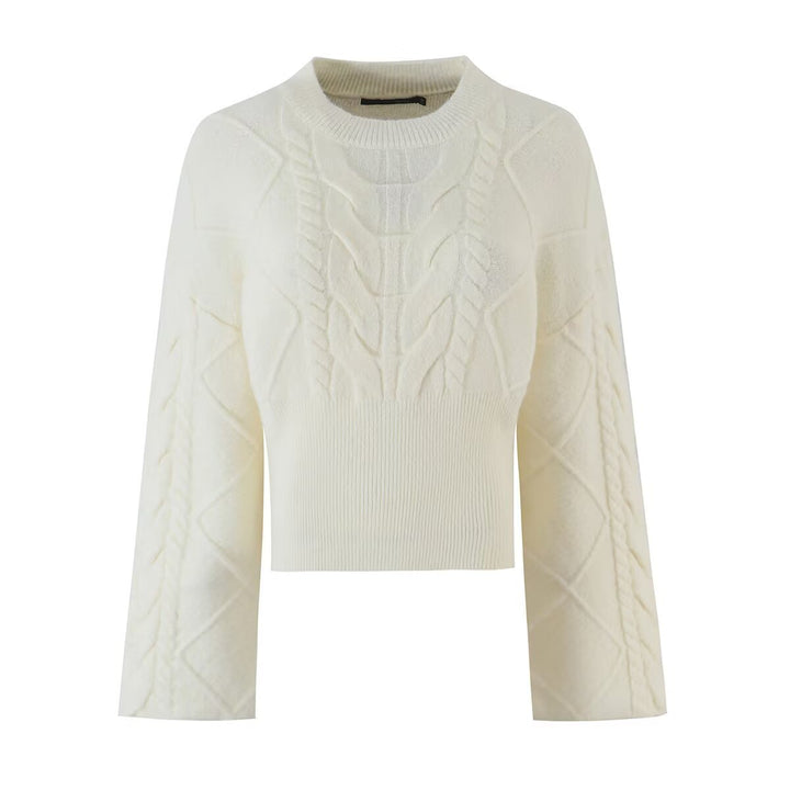 Women's Short-Cut Braided Knit Sweater with Wide Sleeve and Ribbed Hem Drune