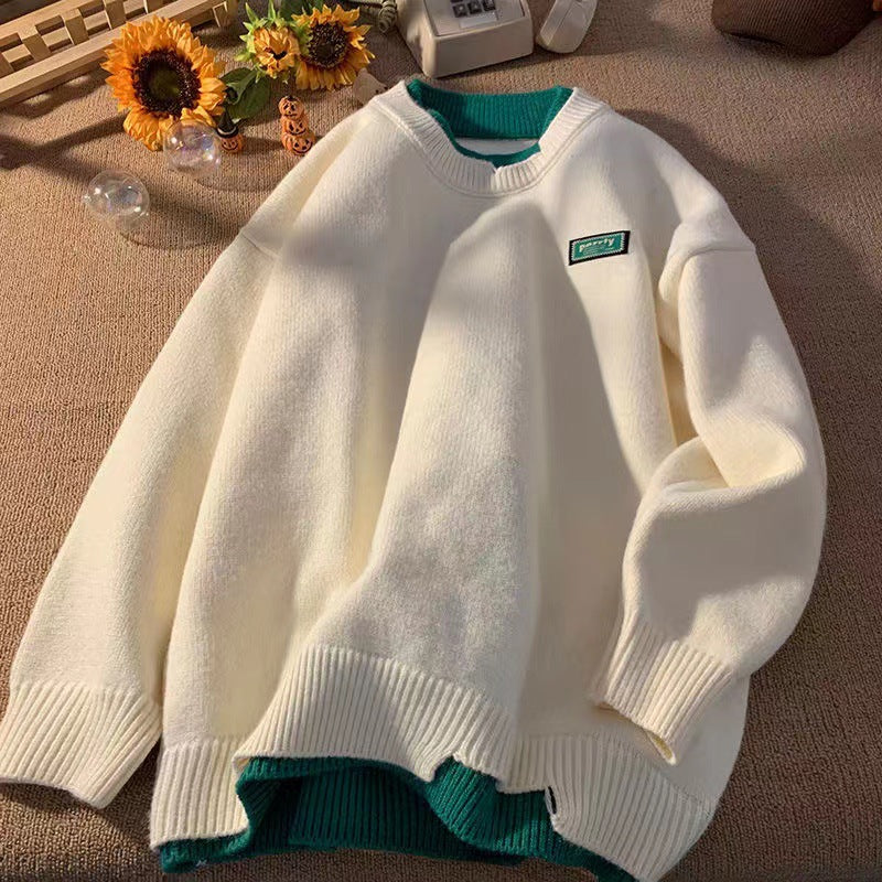 Unisex Oversized Layered Look Knit Sweater with Contrasted Inner Collar and Ribbed Hem Mune Fashion