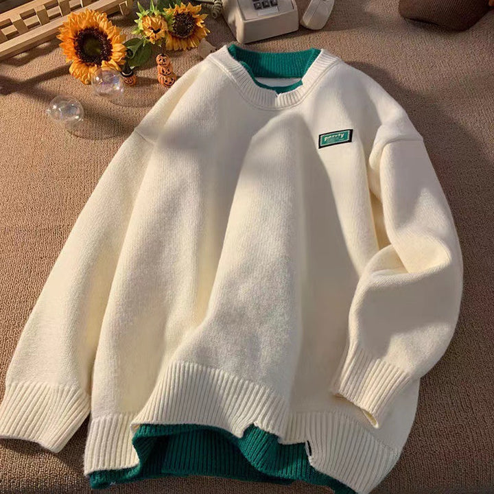 Unisex Oversized Layered Look Knit Sweater with Contrasted Inner Collar and Ribbed Hem Mune Fashion