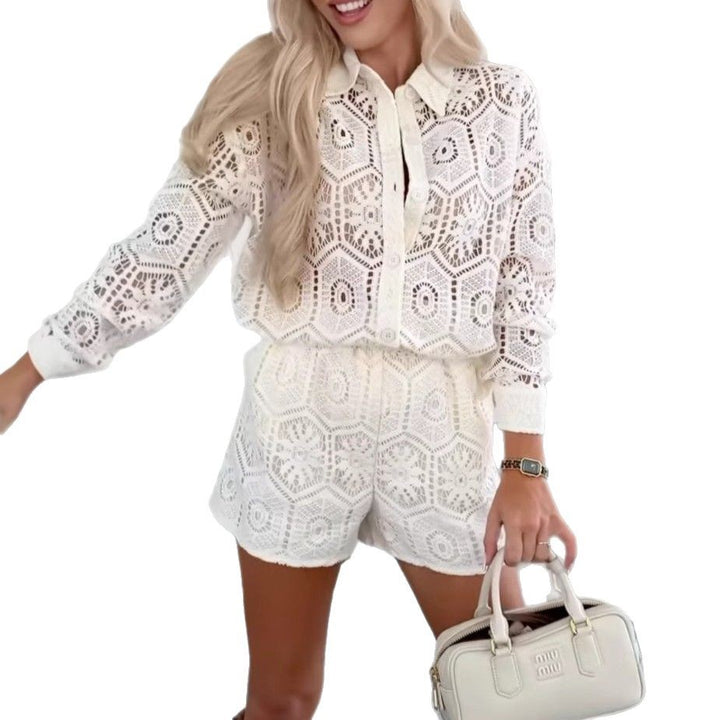 Women's crochet openwork blouse and shorts set with shirt collar and elastic waistband Mune Fashion