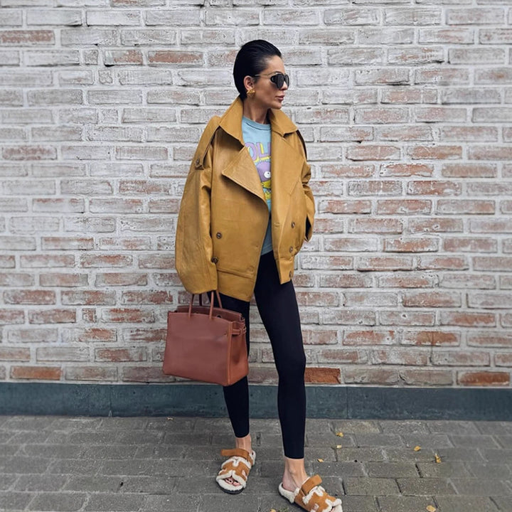 Women Oversize Leather Jacket with Voluminous Balloon Sleeves and Short Boxy Silhouette Mune Fashion