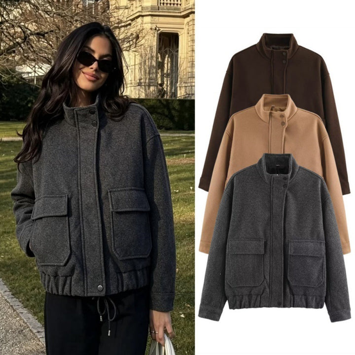 Women's Boxy Wool Blouson with Stand-up Collar, Large Flap Pockets and Elastic Hem Mune Fashion