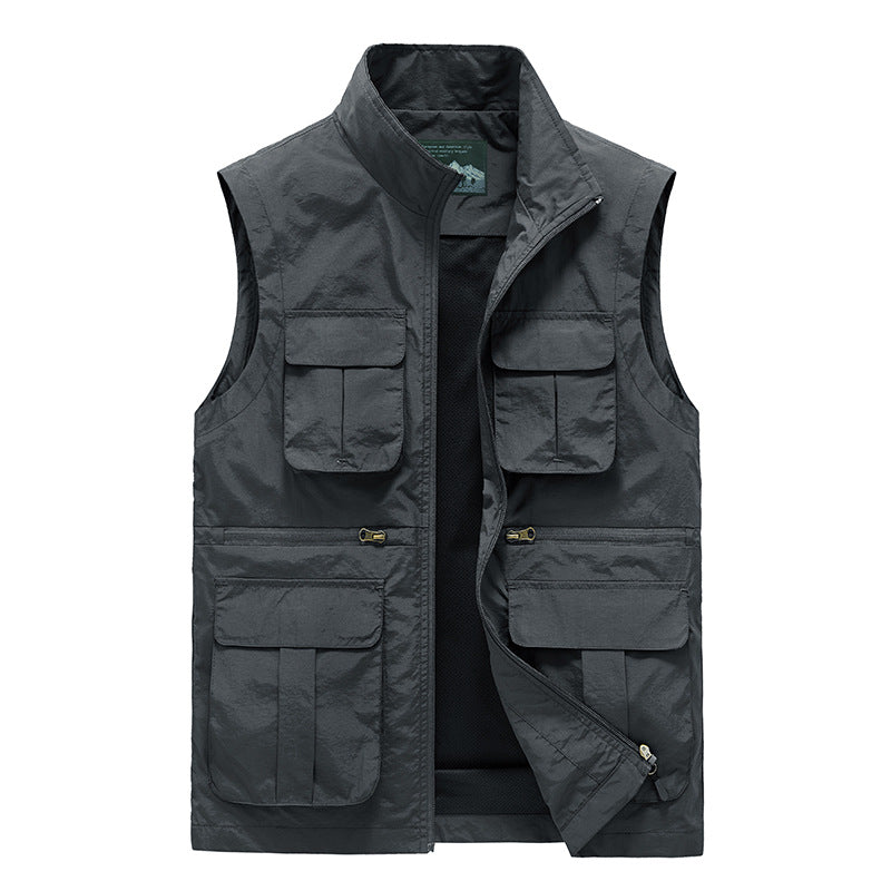 Men's multi-pocket utility vest with zipper, mesh lining & high stand-up collar Mune Fashion