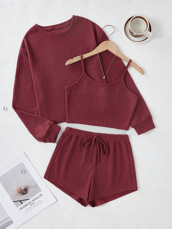 Ladies three-piece waffle knit lounge set with cropped pullover, spaghetti strap top and high-waisted shorts Mune Fashion