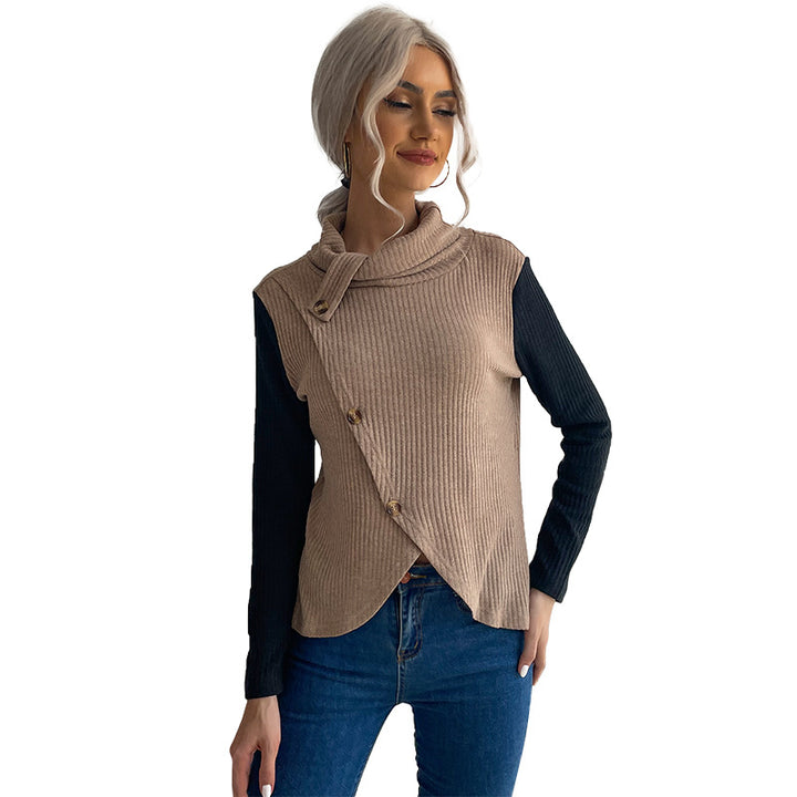 Ladies Asymmetric Ribbed Knit Layering Top with Roll Neck and Decorative Button Placket Mune Fashion