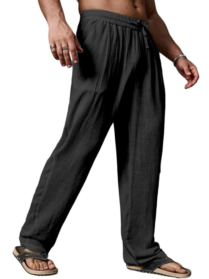Men's relaxed linen blend yoga pants with drawstring, elastic waistband, and straight leg Mune Fashion
