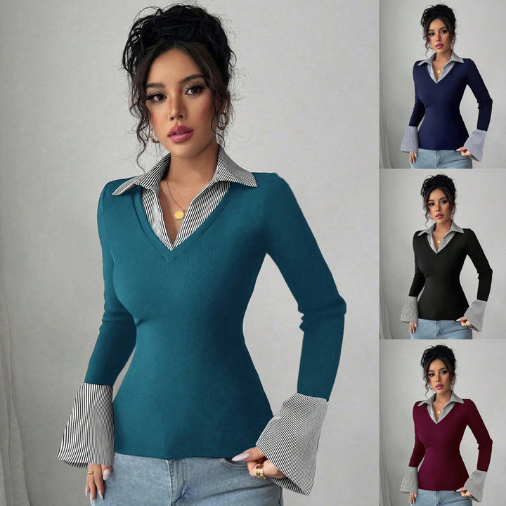 Women's Fitted Fine Knit Top with Shirt Collar and Contrast Cuffs Mune Fashion