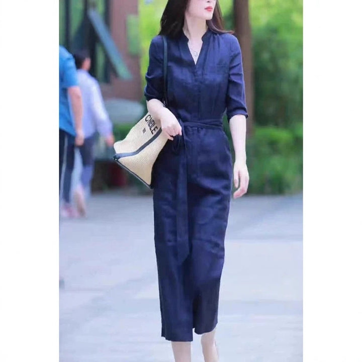 Women's Linen Jumpsuit with Tailored Tie Belt and 3/4 Sleeves Mune Fashion