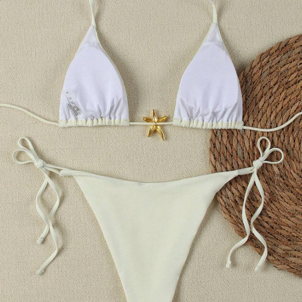 Women's Triangle Bikini Set with Adjustable Straps and Decorative Jewelry Element Mune Fashion