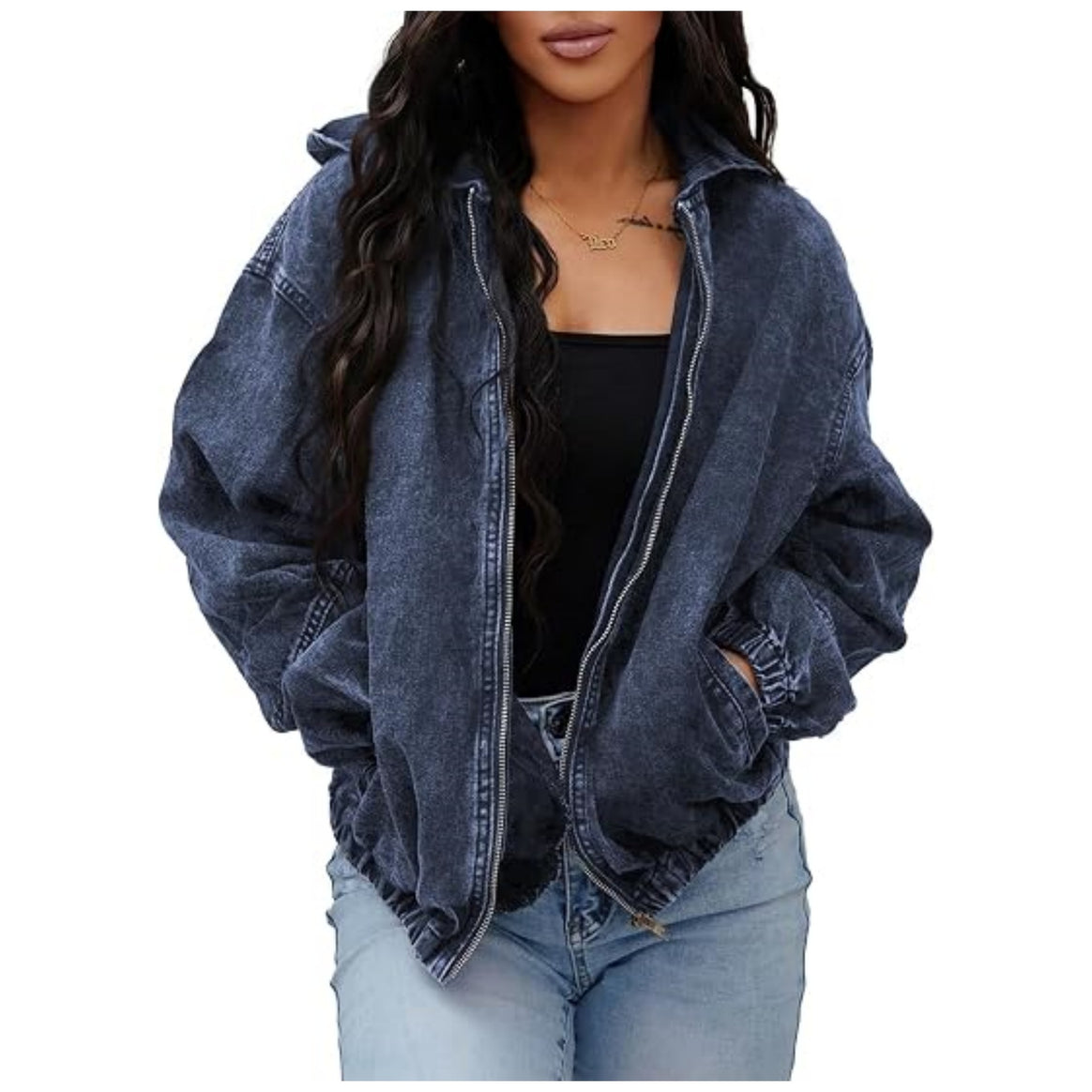 Women's Oversized Denim Jacket with Hood, Zipper and Ruched Hem Mune Fashion