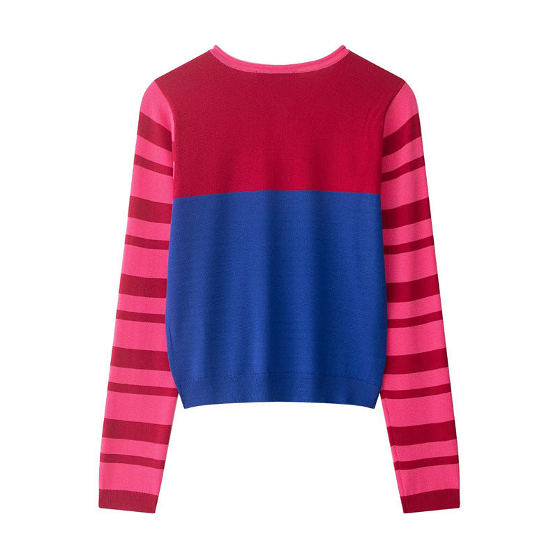 Women Cropped Cardigan with Color Block Design and Striped Sleeves Mune Fashion