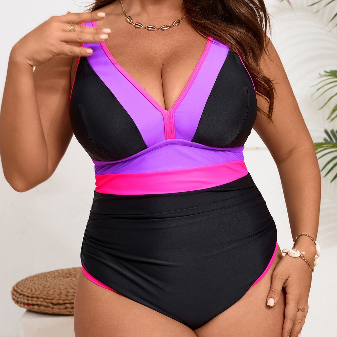 Women's High-Waisted Swimsuit with V-Neck and Color Block Design Mune Fashion