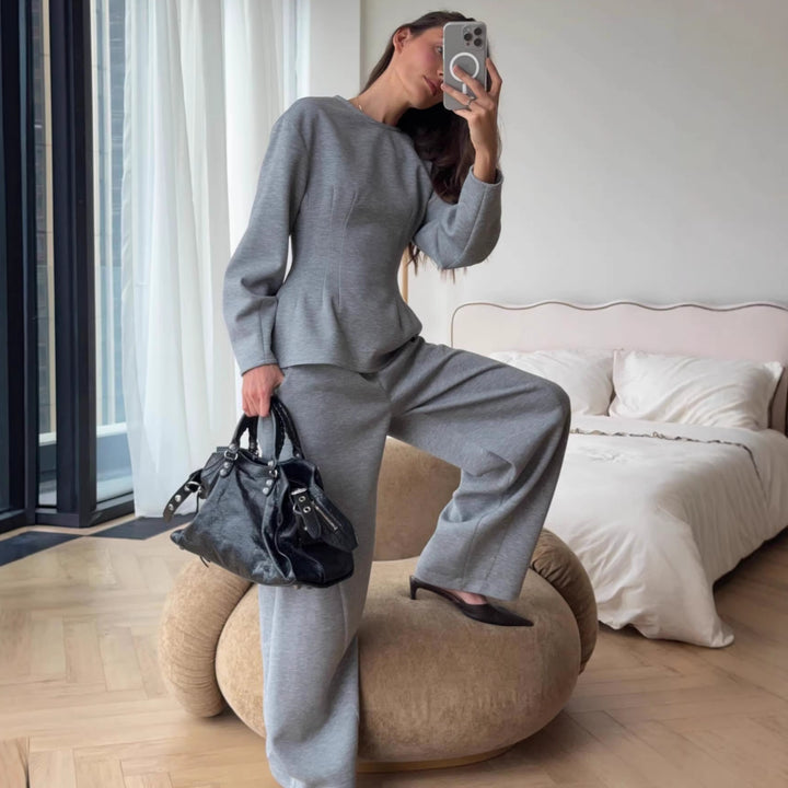 Women's Tailored Peplum Top with Wiener Seams and Wide Lounge Pants Set Mune Fashion