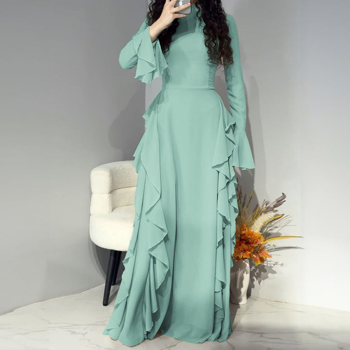Women nan maxi dress with ruffle trim, tailored empire silhouette and long bell sleeves Mune Fashion