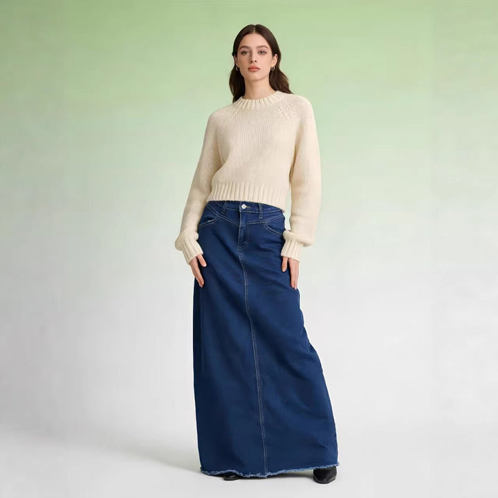 Ladies nan longer High-Waist Denim Maxi Skirt with straight silhouette and raw hem Mune Fashion