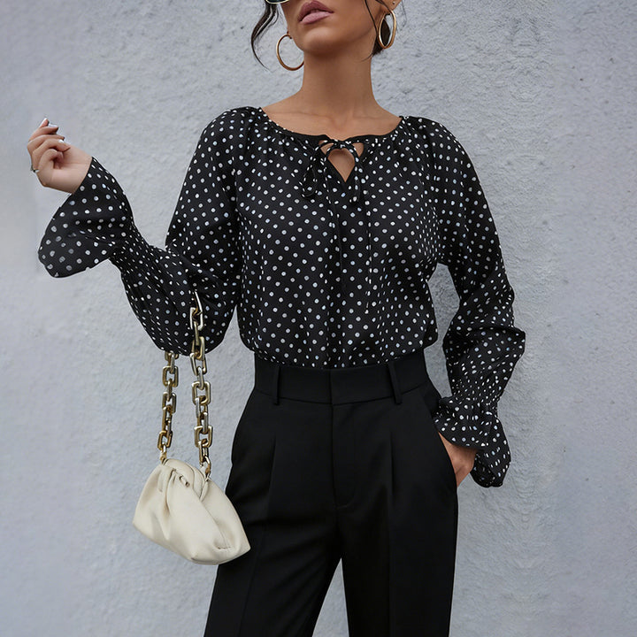 Ladies chiffon blouse with polka dots, BindMune fashion and neckline and smocked cuffs Mune Fashion