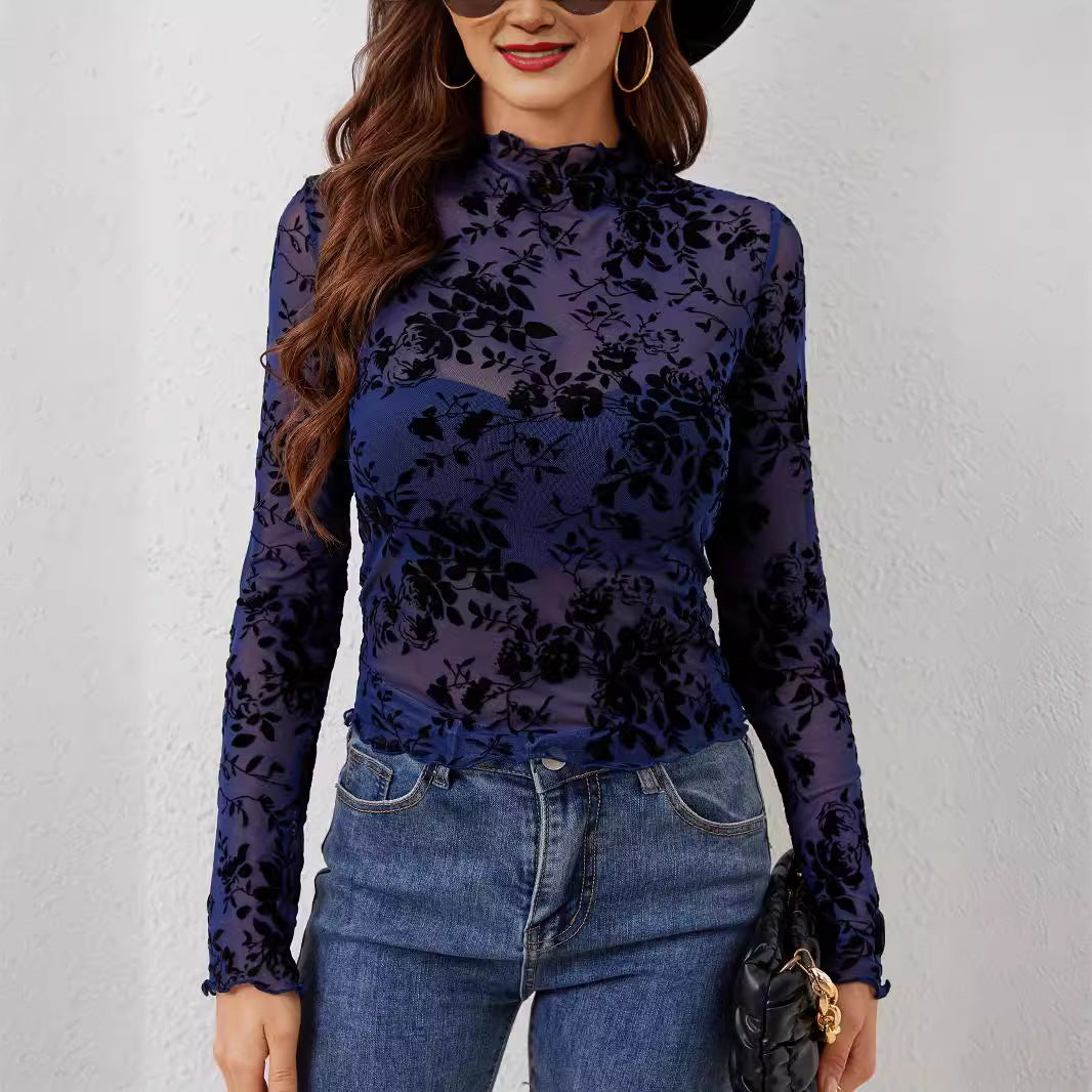 Women's nan transparent mesh top with velvety floral print and stand collar Mune Fashion