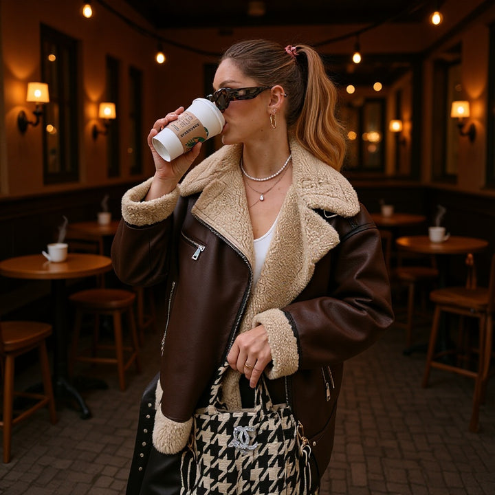 Women's Casual Aviator Biker Jacket in Vintage Leather Look with Sherpa Lining Mune Fashion