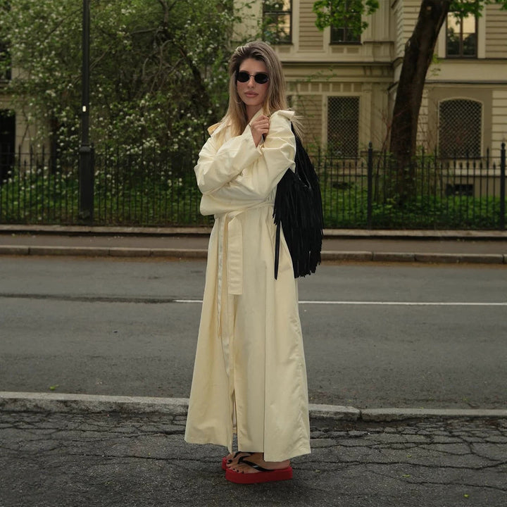 Women's Lightweight Long Trench Coat with Oversized Silhouette, Wide Shawl Collar and Extended Sleeves Mune Fashion
