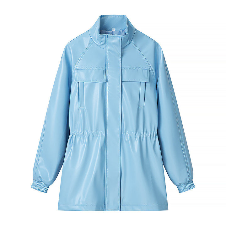 Women Faux Leather Parka with Drawstring Waist, Stand Collar and Flap Pockets Mune Fashion