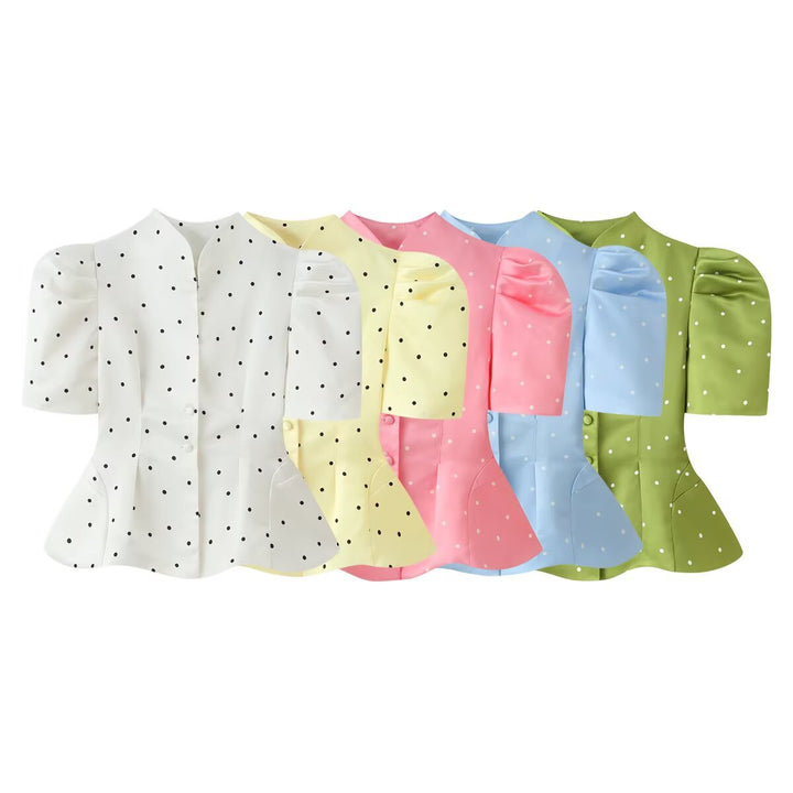Women Tailored Satin Blouse with Puff Sleeves, Stand Collar and Polka Dot Print Mune Fashion