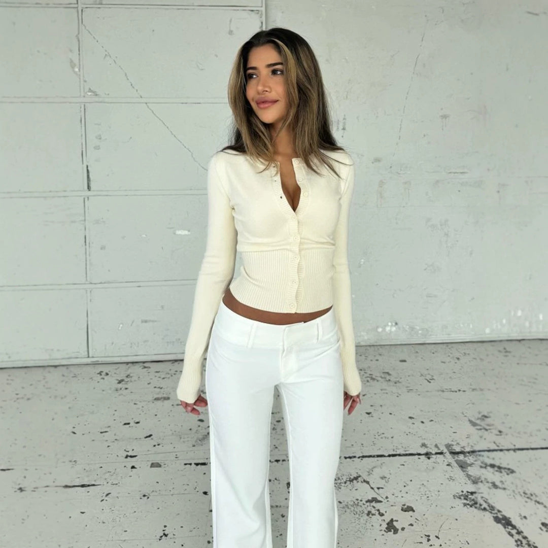 Ladies Tailored Cropped Cardigan made of fine knit with ribbed hem and button placket Mune Fashion