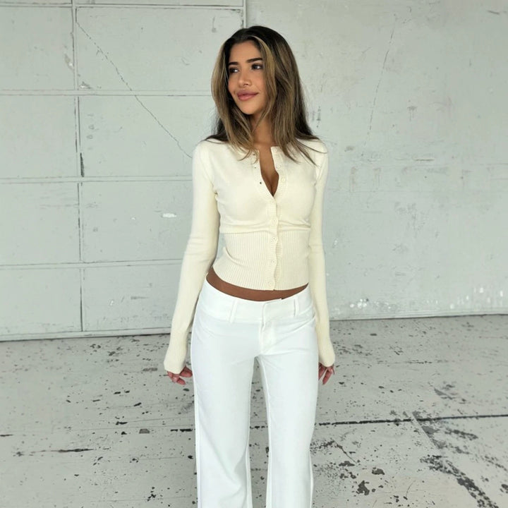 Ladies Tailored Cropped Cardigan made of fine knit with ribbed hem and button placket Mune Fashion
