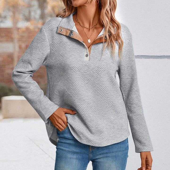 Women's Quilted-Texture Sweatshirt with Half Collar and Snap Button Placket Mune Fashion