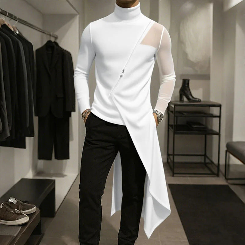 Ladies avant-garde long shirt with diagonal zipper, stand-up collar and irregular pointed hem Mune Fashion