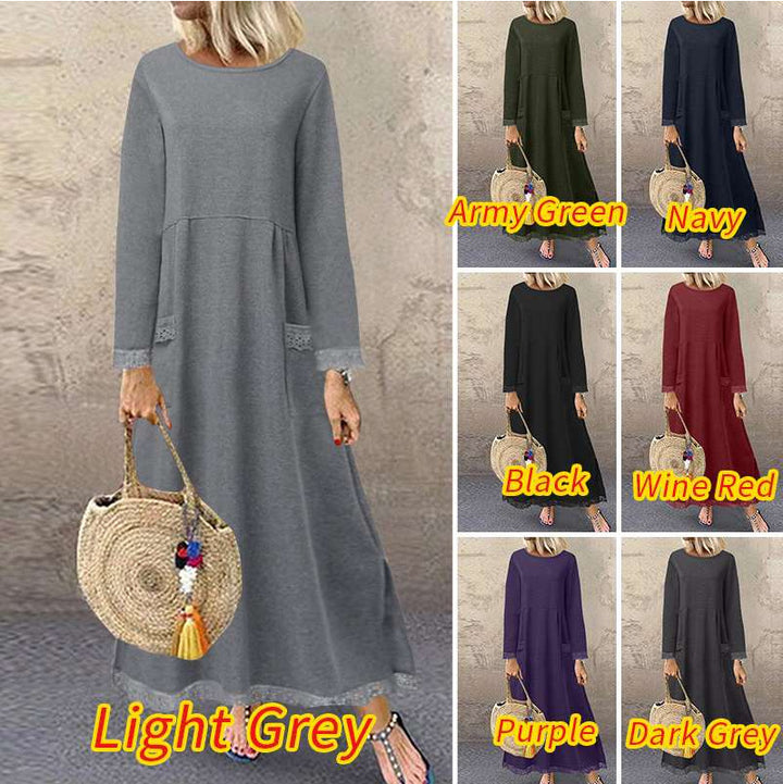 Ladies nan maxi dress with loose A-line cut, round neckline, patch pockets, and delicate lace trim Mune Fashion