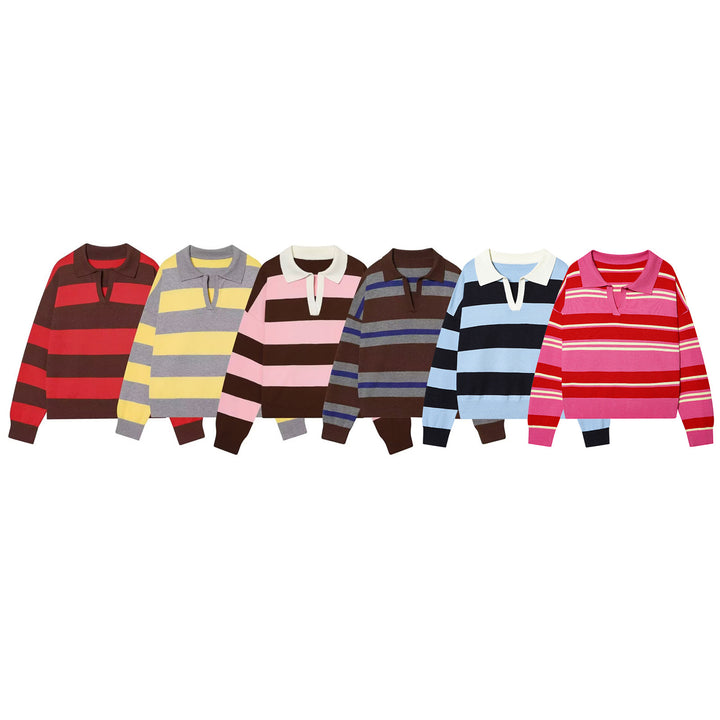 Women's striped fine knit polo sweater with button placket, ribbed cuffs, and light wool blend Mune Fashion