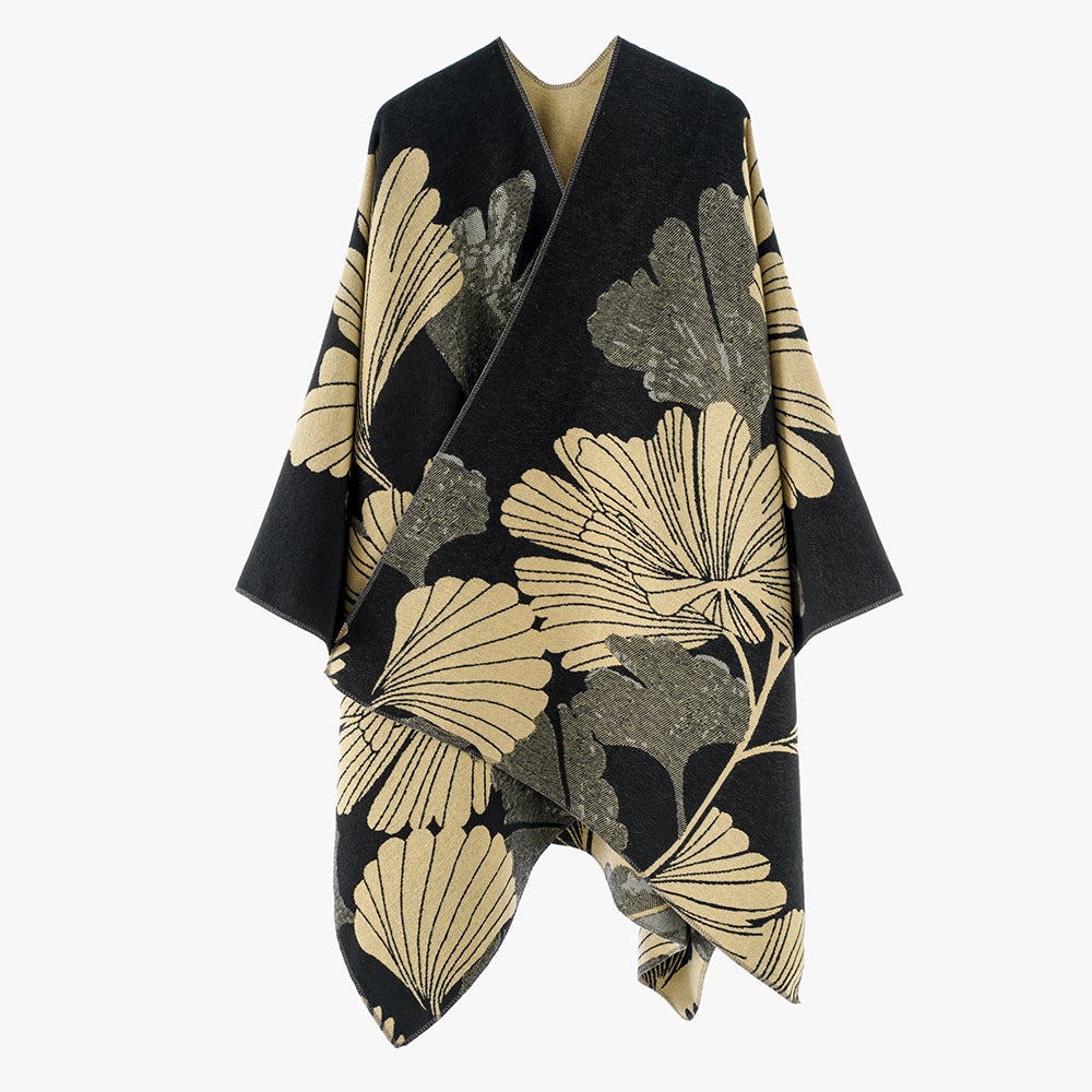 Women's Reversible Jacquard Cover-up with Large Leaf Patterns and Asymmetrical Pointed Hem