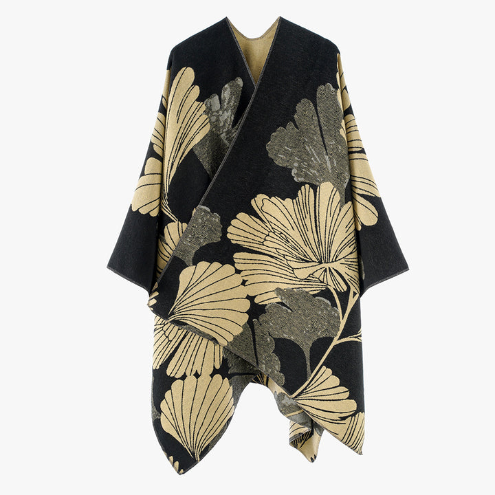 Women’s Jacquard Cape Poncho with large leaf Jacquard and open wrap cut Mune Fashion