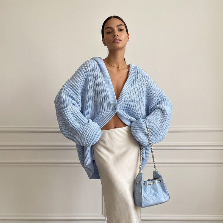 Women's Oversized Hooded Knit Cardigan with Balloon Sleeves and Button Placket Mune Fashion