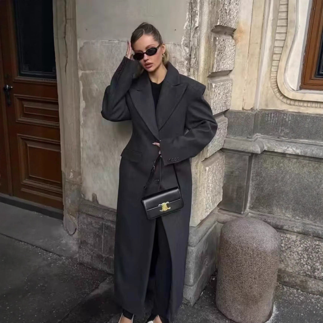 Women Longline Wool Blend Coat with Distinctive Lapels, Tailored Darts, and Flap Pockets Mune Fashion
