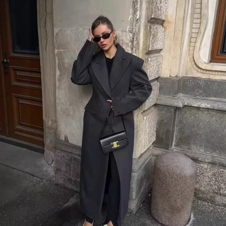 Women Longline Wool Blend Coat with Distinctive Lapels, Tailored Darts, and Flap Pockets Mune Fashion