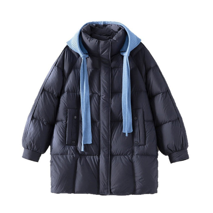 Women's padded quilted jacket with hood ribbed collar loose fit and midi length Mune Fashion